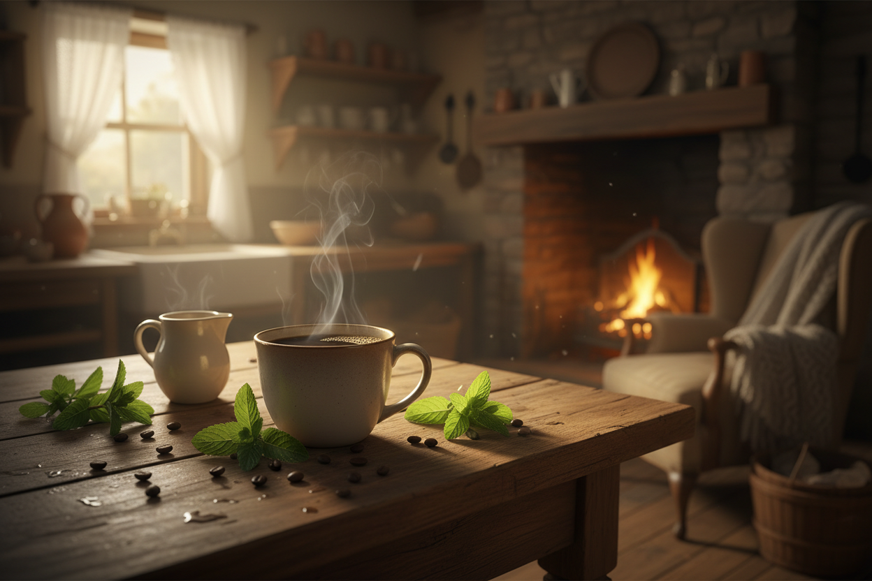 Cozy kitchen scene with a cup of coffee, mint leaves, and a fireplace.